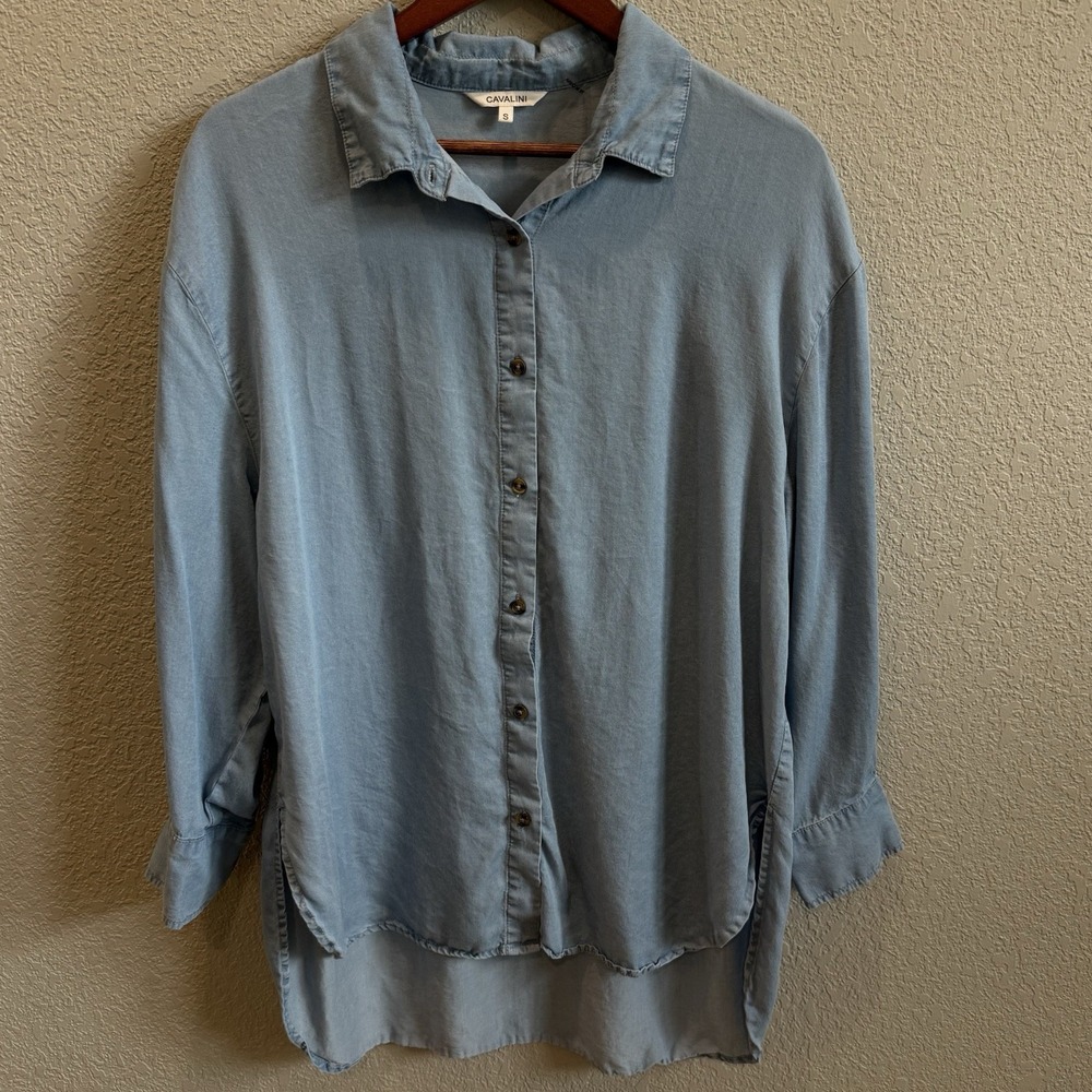 Blue Tencel Tunic Shirt Sleep Shirt Swim Cover Up Long Sleeve Button Down